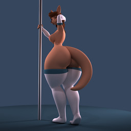 anthro big_butt biped breasts brown_hair butt clothed clothing dancing female hair huge_butt leggings legwear looking_at_viewer nipples pole pole_dancing simple_background smile solo standing stripper_pole thick_thighs topless wide_hips anthroanim abigail_roo kangaroo macropod mammal marsupial 1:1 3d_(artwork) digital_media_(artwork)