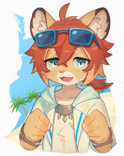 anthro blush blush_lines eyewear eyewear_on_head kemono looking_at_viewer male open_mouth palm_tree plant solo sunglasses sunglasses_on_head tree wearing_sunglasses young young_anthro young_male kuromu cygames world_flipper teo_(world_flipper) felid lion mammal pantherine 2023 half-length_portrait hi_res japanese_description portrait
