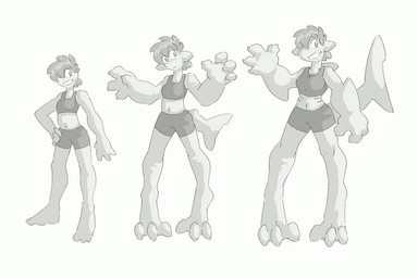 anthro barefoot base_one_layout basic_sequence biped breasts claws clothed clothing feet female growth hair human_to_anthro linear_sequence navel non-mammal_breasts one_row_layout short_hair simple_background smile solo species_transformation standing tail tail_growth three_frame_image three_frame_sequence transformation transformation_sequence white_background hukeng aquatic fish human mammal shark 2016 3:2 monochrome sequence