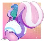 anthro big_diaper big_tail clean_diaper clothed clothing diaper female gradient_hair hair hoodie print_diaper rear_view smile solo standing tail topwear wearing_diaper steelshark mammal mephitid skunk absurd_res hi_res