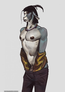 5_fingers abstract_background alternative_fashion anthro areola bedroom_eyes biped black_nipples body_hair bottomwear bottomwear_pull bovid_horn caprine_horn chain chest_hair clothed clothing clothing_around_waist clothing_pull denim denim_clothing denim_topwear denim_vest eyeshadow eyeshadow_makeup fingers genitals goat_horn grey_body hair hand_in_pants horn jewelry looking_at_viewer makeup male male_anthro narrowed_eyes navel necklace nipples open_clothing open_mouth open_shirt open_topwear pants pants_chain pants_pull patched_clothing penis penis_base piercing pose punk punk_hair removing_shirt rock_(genre) seductive seductive_mouth serving shadow shirt shirt_around_waist short_hair shorthair simple_background solo teeth topwear vest white_background purplebirdman simon_(purplebirdman) bovid caprine goat mammal 2026 colored_sketch digital_media_(artwork) digital_painting_(artwork) hi_res painting_(artwork) portrait shaded sketch three-quarter_portrait