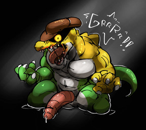 4_fingers aggressive anthro blood blood_in_mouth blood_on_mouth blood_on_teeth bodily_fluids candy casual_erection claws clothing cowboy_hat creepy creepy_face dessert dripping erection fingers food genital_fluids genitals glowing glowing_eyes grey_background growling hat hat_only headgear headgear_only headwear headwear_only humanoid_genitalia humanoid_penis kneeling long_penis looking_at_viewer male mostly_nude multicolored_body muscular muscular_anthro muscular_male navel open_mouth pecs penis precum precum_drip pupils saliva saliva_string scales scary sharp_teeth simple_background slit_pupils solo tail teeth text tongue tongue_out wide_eyed yellow_eyes mylittvalentine glitch_productions the_amazing_digital_circus evil_gummigoo_(tadc) gummigoo_(tadc) alligator alligatorid crocodilian food_creature living_candy reptile scalie hi_res shaded