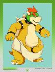 2016 absurd_res accessory anthro belly big_penis biped bowser bracelet canvaskat claws cock_ring collar english_text erection fangs foreskin genitals glans hair hi_res horn humanoid_genitalia humanoid_penis jewelry koopa looking_at_viewer male mario_bros nintendo orange_hair overweight overweight_anthro overweight_male penis penis_accessory penis_jewelry poking_out scalie simple_background slightly_chubby smile smirk solo spiked_bracelet spiked_cock_ring spiked_collar spikes standing teeth text towel