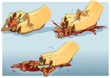 ambiguous_gender anthro blood bodily_fluids crush death dominant duo gore larger_ambiguous macro male micro size_difference smaller_male stomping submissive submissive_male adjustedbicuspid canid canine canis coyote mammal female_(lore)