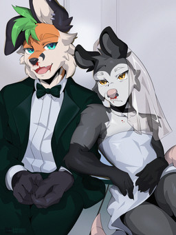 anthro athletic athletic_male blood bodily_fluids clothed clothing crossdressing duo ear_piercing ear_ring facial_piercing male male/male nose_piercing nose_ring nosebleed piercing ring_piercing suit veil lumii i_think_i_like_you jax_(i_think_i_like_you) zeb_(i_think_i_like_you) american_opossum canid canine fox mammal marsupial red_fox true_fox 3:4 absurd_res hi_res