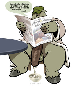 animal_genitalia animal_penis anthro balls big_penis bodily_fluids bowl breakfast chair clothing container covered_eyes cum cum_in_bowl cum_in_container cum_in_mouth cum_inside drinking drinking_cum early_morning ears_down equine_genitalia equine_penis filling_container furniture genital_fluids genitals glistening glistening_genitalia glistening_penis hat headgear headwear hooves implied_incest male male/male mature_male morning news newspaper nude on_chair penis pivoted_ears precum reading robe robe_only sitting sitting_on_chair solo speech_bubble spread_legs spreading stubble table text chunkolilt equid equine horse mammal absurd_res english_text hi_res incest_(lore)