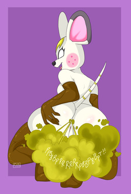 anthro armwear black_nose blonde_hair butt clothing empty_eyes fart fart_cloud fart_fetish feces female female_farting fur genitals hair hypnosis legwear looking_back mind_control presenting presenting_hindquarters scatplay solo spreading tongue tongue_out vulva white_body white_eyes white_fur imaranx animal_crossing nintendo bella_(animal_crossing) mammal mouse murid murine rodent absurd_res hi_res