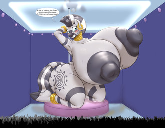 areola big_areola big_breasts big_nipples breasts cutie_mark dialogue ear_piercing female group huge_breasts hyper hyper_breasts large_group macro nipples piercing pole text badgerben blues64 friendship_is_magic hasbro my_little_pony zecora_(mlp) equid equine mammal zebra 2018 absurd_res english_text hi_res