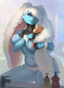 anthro blue_body blue_fur breasts brush brushing_ear clothing female fur hair hairbrush holding_brush holding_hairbrush holding_object nipples open_mouth simple_background smile solo tail underwear whiskers white_clothing white_hair white_underwear devergilia lagomorph leporid mammal rabbit 2024 hi_res