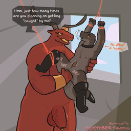 3_toes anthro armor arms_tied balls black_body bound bracers choker clothing duo feet fingering genital_piercing genitals gloves hand_on_back handwear holding_body horn horn_jewelry jewelry male male/male multi_eye multicolored_body muscular muscular_male necklace nipple_piercing nipples penis penis_piercing piercing red_body sky suspended_by_magic text toes tongue two_tone_body window yellow_sclera yellow_tongue luvamisguilty karsiv_(luvamisguilty) surnym_(luvamisguilty) demon kobold scalie 1:1 english_text hi_res