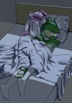 anthro bed cuddling duo female furniture hair male male/female on_bed sleeping ajvulpes bucky_o'hare_(series) nintendo star_fox jenny_(bucky_o'hare) slippy_toad amphibian felid feline mammal hi_res