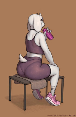 4_fingers anthro big_butt biped bottle breasts brown_background butt claws clothed clothing container female finger_claws fingers footwear fur horn looking_back mature_female panty_lines shoes simple_background sitting sneakers socks solo sportswear text under_boob white_body white_fur chelodoy undertale undertale_(series) toriel boss_monster_(undertale) bovid caprine goat mammal 2022 digital_media_(artwork) hi_res