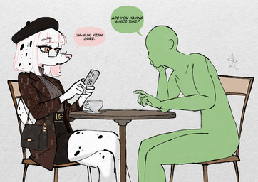 5_fingers anthro belt black_belt black_body black_bottomwear black_clothing black_fur black_hat black_headwear black_skirt black_spots black_text bottomwear breasts brown_clothing brown_jacket brown_topwear chair clothed clothing color_coded color_coded_speech_bubble container crossed_legs cup dialogue duo electronics eyebrow_through_hair eyebrows eyelashes eyewear faceless female fingers floppy_ears freckled_face freckles fully_clothed fur furniture glasses green_speech_bubble grey_background grey_clothing grey_hoodie grey_topwear hair hat headgear headwear holding_object holding_phone hoodie jacket male markings miniskirt multicolored_body multicolored_fur nude on_chair open_clothing open_jacket open_mouth open_topwear orange_eyes pattern_clothing pattern_jacket pattern_topwear pencil_skirt phone pink_nose pink_speech_bubble plate pupils purse raised_tail rectangular_glasses short_tail side_view simple_background sitting sitting_on_chair skirt snout speech_bubble spots spotted_body spotted_fur table tail talking_to_another text text_on_belt topwear translucent translucent_hair two_tone_body two_tone_fur wearing_glasses white_body white_fur white_hair rafaondanet anon canid canine canis dalmatian domestic_dog human mammal 2025 absurd_res cel_shading digital_media_(artwork) english_text hi_res shaded signature simple_shading