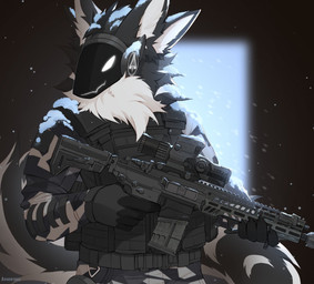 5_fingers ambiguous_gender anthro biped black_body black_fur black_tail bottomwear bulletproof_vest clothed clothed_ambiguous clothed_anthro clothing fingers front_view fully_clothed fully_clothed_ambiguous fully_clothed_anthro fur gloves gun handwear holding_gun holding_object holding_ranged_weapon holding_weapon looking_at_viewer machine pants ranged_weapon smile snow snowing solo standing tail topwear weapon amarihel protogen 2025 digital_drawing_(artwork) digital_media_(artwork) hi_res