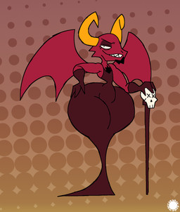 anthro armwear bedroom_eyes body_hair bone cheek_tuft chest_hair clothed clothing crossdressing curvy_figure dress elbow_gloves eyelashes eyeshadow facial_hair facial_tuft fangs femboy gloves goatee grin halftone_background hand_on_hip handwear horn huge_hips huge_thighs logo looking_at_viewer makeup male narrowed_eyes pattern_background seductive simple_background skull small_waist smile solo staff teeth text thick_thighs tuft wasp_waist wide_hips wings thatdawgmurray satan demon aliasing artist_logo artist_name digital_media_(artwork) halftone hi_res signature
