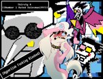 black_hair blue_nose blue_pawpads blush bodily_fluids clothed clothing collar detailed_background dialogue_box drugs duo eyewear female feral flustered fur glasses hair heart_symbol male marijuana pawpads pink_body pink_fur simple_background smile spiked_collar spikes sunglasses sweat sweatdrop text white_background wings thepinkdemon deltarune undertale_(series) spamton_g._spamton spamton_neo canid canine canis darkner domestic_dog humanoid mammal english_text hi_res