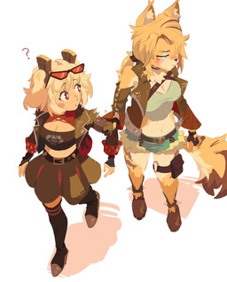 accessory anthro avoiding_eye_contact belt blonde_hair blush blush_stickers boots bottomwear breasts cleavage cleavage_cutout clinging clothed clothing cutout duo eyewear eyewear_on_head female female/female fingerless_gloves footwear fur gloves green_eyes hair hair_accessory handwear high-angle_view high_heels holding_partner's_arm jacket leather leather_clothing leather_jacket leather_topwear leg_pouch legwear looking_away midriff navel pigtails ponytail question_mark red_eyes shirt shoes shorts simple_background skirt squiggle_mouth sunglasses sunglasses_on_head tail tank_top thigh_highs topwear tube_top tuft tugging twintails_(hairstyle) walking white_background white_body yellow_body yellow_fur mangedugruau mihoyo zenless_zone_zero burnice_white pulchra_fellini felid feline human mammal thiren 2025 absurd_res digital_media_(artwork) hi_res