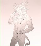 anthro blue_eyes clothed clothing hand_on_hip horn looking_at_viewer male open_clothing open_shirt open_topwear shirt solo topwear a09605950281 jason_xiaojie beastars pina_(beastars) bovid caprine dall_sheep mammal sheep 2020 hi_res