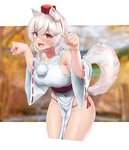 blush bodily_fluids breasts clothed clothing female hair hat headgear headwear paw_pose pose solo sweat tokin_hat white_hair urrrt touhou momiji_inubashiri animal_humanoid canid canid_humanoid canine canine_humanoid humanoid mammal mammal_humanoid wolf_humanoid 2019 hi_res