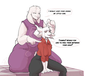 4_fingers alternate_species anthro clothing dialogue duo female female/female fingers furrification hair kneeling mature_anthro mature_female red_eyes simple_background sitting text thick_thighs white_hair cumbread helltaker undertale undertale_(series) goat_lucifer_(helltaker) toriel bovid caprine goat mammal 2020 english_text hi_res