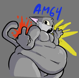 anthro big_butt black_eyes butt fangs featureless_crotch fur gesture grey_body grey_ears grey_fur grey_hair grey_tail hair hand_gesture huge_butt looking_at_viewer low-angle_view male middle_finger moobs multicolored_body multicolored_fur obese obese_anthro obese_male open_mouth overweight overweight_anthro overweight_male pose sharp_teeth solo standing tail teeth text thick_thighs two_tone_body two_tone_fur awakecore gray_cat_(alienmyth64) domestic_cat felid feline felis mammal 2026 digital_media_(artwork)