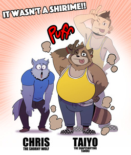 anthro armpit_hair arms_down blue_clothing blue_shirt blue_topwear body_hair bottomwear bracelet brown_body brown_fur checkered checkered_clothing checkered_footwear checkered_shoes clothed clothing duo ear_piercing fanny_pack footwear fur gesture grey_body grey_fur hand_gesture hand_on_hip jaw_drop jewelry looking_at_another looking_at_viewer male one_eye_closed overweight pants pattern_clothing pattern_footwear pattern_shoes piercing shirt shocked shoes species_transformation tail tank_top text tongue tongue_out topwear transformation v_sign yellow_clothing yellow_shirt yellow_topwear t0l0k chris_(t0l0k) taiyo_(t0l0k) canid canine canis human mammal raccoon_dog tanuki wolf character_name digital_media_(artwork) english_text hi_res
