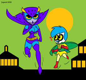 action_pose anthro armwear beak belt big_breasts biped blue_armwear blue_boots blue_cape blue_clothing blue_elbow_gloves blue_footwear blue_gloves blue_handwear boots breast_jiggle breasts cape clothed clothing domino_mask duo elbow_gloves eyemask eyewear female female/female footwear gloves green_cape green_clothing hair handwear heart_symbol jiggling legwear looking_at_breasts looking_at_viewer mask open_mouth outside pose red_boots red_clothing red_footwear red_gloves red_handwear running shirt shoes short_hair superhero superhero_costume thigh_boots thigh_highs topwear yellow_clothing yellow_sclera yellow_shirt yellow_topwear young young_anthro young_female jugend avian bird eurasian_blue_tit oscine owl passerine tit_(bird) 2026 hi_res