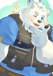 anthro blush clothing fur humanoid_hands kemono male one_eye_closed overweight overweight_male shirt simple_background solo topwear white_body white_fur wink amidasuke lifewonders live_a_hero yohack canid canine canis domestic_dog mammal nordic_sled_dog samoyed spitz 2023 absurd_res hi_res