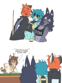 anthro aroused ball billiard_ball billiard_table billiards blush breasts cleavage clothed clothing eyewear female female_anthro furniture goggles inner_ear_fluff jewelry leaning leaning_backward male male_anthro navel necklace peaking simple_background table text tuft r1zmy derpyfox_36_(fursona) dig_(digsaw) mini_(puppy_in_space) rizmy_(r1zmy) canid canine canis chameleon domestic_cat domestic_dog felid feline felis fox lizard mammal reptile scalie 2026 english_text hi_res