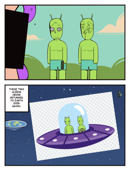 antennae_(anatomy) censor_bar checkered checkered_background duo female flat_earth green_body green_skin gun handgun holding_gun holding_handgun holding_object holding_pistol holding_ranged_weapon holding_weapon humor male pattern_background pistol ranged_weapon simple_background space tentacles text text_box ufo weapon bonnymama7 battle_tendency discworld family_guy_death_pose jojo's_bizarre_adventure kars_(jjba) steve_(bonnymama7) alien alien_humanoid eldritch_abomination human humanoid mammal tentacle_creature 2025 absurd_res comic english_description english_text hi_res meme reaction_image