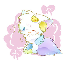 abstract_background ambiguous_gender blush chibi crown feral fur headgear kemono one_eye_closed open_mouth open_smile royalty smile solo white_body white_fur wink deaic canid canine mammal 2016