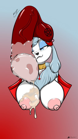 anthro areola balls big_breasts big_penis bite biting_lip blue_ears blue_eyeshadow blue_hair bodily_fluids breasts collar cross cum cum_on_breasts cum_on_penis eyeshadow female fur genital_fluids genitals hair inverted_cross makeup nipples nude nude_anthro nude_female occult_symbol penis pentagram red_penis solo symbol under_penis white_body white_fur xdiegosilvax disney oliver_and_company georgette_(disney) canid canine canis domestic_dog mammal poodle 9:16 hi_res