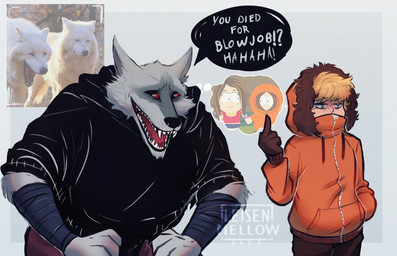 age_difference amused annoyed anthro arm_wrapping arm_wraps blonde_hair blue_eyes bottomwear cheek_tuft cloak clothing coat dialogue duo facial_markings facial_tuft fangs fur fuzzy gesture gloves grey_body grey_fur hair half-closed_eyes hand_gesture hand_in_pocket handwear head_markings hood hood_up hooded_jacket jacket laugh leaning leaning_forward looking_at_another male markings mask_(marking) middle_finger mocking narrowed_eyes older_anthro older_male open_mouth open_smile pants photo pockets poncho red_eyes screencap simple_background size_difference smile speech_bubble standing teeth text thought_bubble topwear tuft unimpressed winter_clothing winter_coat wrapped_arms wraps younger_human younger_male leisen_mellow comedy_central dreamworks puss_in_boots_(franchise) south_park death_(puss_in_boots) kenneth_mccormick canid canine canis human mammal wolf crossover hi_res meme watermark