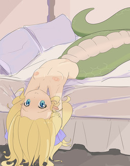 accessory apode band-aid bandage bare_shoulders bed blonde_hair blue_eyes breasts clothed clothing covered_nipples detailed_background female furniture green_body green_scales hair hair_accessory hair_ribbon legless loli long_hair looking_at_viewer lying navel on_back pillow ribbons scales serpentine small_breasts smile solo split_form topless young minos_drawfag dropkick_on_my_devil! jashin-chan draconcopode humanoid lamia reptile scalie snake hi_res