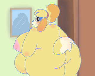 abdominal_bulge anthro belly belly_expansion big_butt black_eyes breast_squish breasts butt butt_focus expansion female navel nipples obese obese_anthro obese_female obese_humanoid orange_ears overweight overweight_anthro overweight_female overweight_humanoid solo squish tail yellow_body yellow_tail startlin animal_crossing nintendo isabelle_(animal_crossing) animal_humanoid canid canid_humanoid canine canine_humanoid canis dog_humanoid domestic_dog humanoid mammal mammal_humanoid 5:4 animated animated_gif low_res short_playtime