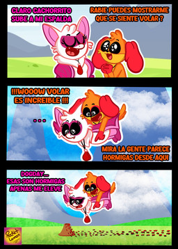 anthro duo female flying male orange_body smile text white_body wings rocketlennon mob_entertainment nightmare_critters poppy_playtime smiling_critters dogday_(poppy_playtime) rabie_baby_(poppy_playtime) ant arthropod bat canid canine canis domestic_dog hymenopteran insect mammal absurd_res comic hi_res spanish_text translation_request