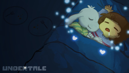 ambiguous_gender anthro bed bodily_fluids clothing cutlery drooling duo eyes_closed fork fur furniture glowing heart_symbol kitchen_utensils long_ears male plate saliva sleeping smile stripes text tools white_body white_fur isachuu undertale undertale_(series) asriel_dreemurr frisk_(undertale) boss_monster_(undertale) bovid caprine goat human mammal 16:9 hi_res widescreen