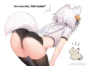 ahoge ambiguous_gender bell_accessory bent_over black_bottomwear black_clothing black_legwear black_shorts black_stockings bodily_fluids bottomwear butt camel_toe cat_tail clothing crop_top duo female hair hotpants legwear light_body light_skin looking_away looking_down rear_view shirt shorts simple_background stockings sweat sweaty_legs tail text topwear white_clothing white_crop_top white_ears white_hair white_tail white_topwear wersman vtuber filian_(vtuber) animal_humanoid cat_humanoid domestic_cat felid felid_humanoid feline feline_humanoid felis humanoid mammal mammal_humanoid 2026 digital_media_(artwork) english_text hi_res url