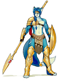 4_toes accessory anthro armor athletic athletic_anthro athletic_male blue_body blue_fur blue_hair bottomwear clothed clothing crossgender feet fingerless_gloves front_view frown fur furgonomics gloves greaves green_eyes hair handwear holding_object holding_weapon loincloth long_hair male markings melee_weapon pauldron polearm ponytail shield simple_background skimpy solo spear tail tail_accessory tailband toes topless tribal vambrace warrior weapon white_background white_body white_fur luigiix nintendo star_fox krystal_(star_fox) alien canid canine cerinian fox mammal hi_res