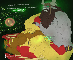 3_fingers 5_fingers andromorph andromorph/male andromorph_penetrated anthro anthro_on_anthro anthro_penetrated anthro_penetrating anthro_penetrating_anthro beard belly belly_hair belly_to_belly between_legs big_belly bodily_fluids body_hair bottomless brown_helmet chest_hair claws clothed clothing colored_cum cum dialogue dominant dominant_male duo ejaculation facial_hair fingers genital_fluids glowing glowing_belly glowing_cum glowing_eyes green_cum green_eyes grey_body grey_horn hand_on_belly horn hypnosis impregnation intersex intersex/male intersex_penetrated leg_grab long_beard looking_pleasured lying male male_penetrating male_penetrating_andromorph male_penetrating_intersex mind_control muscular muscular_andromorph muscular_anthro muscular_intersex muscular_male narrowed_eyes nude on_back open_mouth overweight overweight_andromorph overweight_anthro overweight_intersex overweight_male ovum penetration penile penile_penetration penis_in_vagina red_body sex side_view simple_background sperm_cell spread_legs spreading supernatural text unusual_bodily_fluids unusual_cum unusual_genital_fluids vaginal vaginal_penetration yellow_body yellow_eyes johnthelewd_art dreamworks kung_fu_panda mythology kai_the_collector leoso_(character) bovid bovine cattle dragon mammal mythological_creature mythological_scalie scalie 6:5 absurd_res artist_name english_text hi_res