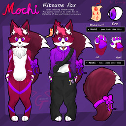 ambiguous_gender anthro bag bottomwear clothing cosmic_eyes cosmic_fur crop_top fluffy fluffy_tail fur galaxy galaxy_eyes glowing glowing_eyes key lgbt_pride ofuda oversized_bottomwear oversized_clothing oversized_pants pansexual pants paws purple_background purple_bow purple_clothing purple_crop_top purple_eyes purple_shirt purple_stripes purple_topwear red_body red_fur shirt simple_background solo standing stripes tail talisman topwear gabegt mochi_(gabegt) canid canine fox mammal absurd_res hi_res