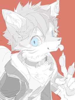 5_fingers ambiguous_gender anthro blep blue_eyes buckled_collar claws closed_smile clothed clothed_anthro clothing facial_markings finger_claws fingers gesture hair hand_gesture head_markings inner_ear_fluff jacket looking_at_viewer markings mouth_closed orange_background pawpads shirt simple_background smile smiling_at_viewer solo striped_face stripes tongue tongue_out topwear tuft v_sign white_sclera chiayeeee fish_(longsala) canid canine fox mammal 2023 absurd_res bust_portrait digital_drawing_(artwork) digital_media_(artwork) hi_res portrait