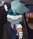 anthro black_eyes car cheek_tuft clothing dessert facial_tuft felid feline fiamourr food hair hi_res holding_object ice_cream inside_car looking_at_viewer male mammal meme neck_tuft necktie sitting smile solo suit tuft vehicle
