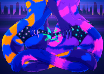 anthro blue_body bottomwear butt butt_shot city cityscape clothing duo female female/female glowing hand_on_another's_butt hand_on_butt hand_on_hip panties pattern_bottomwear pattern_clothing pattern_panties pattern_underwear purple_body rear_view scanlines synthwave tail underwear ariverofstars blueberry_(plushberryk) plushberry domestic_cat felid feline felis mammal absurd_res colorful_theme hi_res