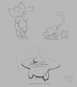 all_fours ass_up emanata eyes_closed female feral happy joyful light light_beam raised_tail rubbing solo spreading_self steaming sunbathing sunbeam sunlight tail text trotting shatterstone jelly_cat_(turbineclaw) felid feline goo_creature mammal hi_res monochrome sketch