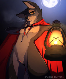 anthro blue_body breasts chest_tuft cloak cloak_only clothing female genitals lamp lantern moon nipples red_cloak red_clothing shush slim solo tuft vulva yellow_eyes conditional_dnp pudgeruffian canid canine canis mammal wolf 2023 5:6 absurd_res hi_res
