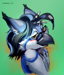 anthro beak black_beak black_ears black_hair blue_body blue_ears blush cheek_tuft chest_tuft eyewear facial_tuft glasses glistening glistening_beak grey_ears hair half-closed_eyes inner_ear_fluff male narrowed_eyes rectangular_glasses simple_background solo tuft white_body white_inner_ear_fluff yellow_eyes oselotti mythology arlo_(popdroppy) avian gryphon mythological_avian mythological_creature absurd_res bust_portrait hi_res portrait signature