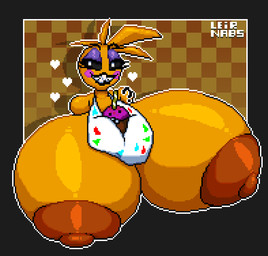 anthro big_breasts black_lips black_sclera breasts eyelashes eyeshadow female glistening glistening_body heart_symbol huge_breasts hyper hyper_breasts lips looking_at_viewer machine makeup nipples outline purple_eyeshadow sharp_teeth smile solo teeth white_eyes white_outline yellow_body lewdnabs five_nights_at_freddy's five_nights_at_freddy's_2 scottgames cupcake_(fnaf) toy_chica_(fnaf) animatronic avian bird chicken galliform phasianid robot robot_anthro 2025 digital_media_(artwork) hi_res pixel_(artwork)
