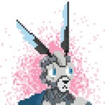 anthro blue_eyes face_plate frown looking_aside machine male sash simple_background solo vinblairartist justice_(miwauturu) android lagomorph leporid mammal rabbit robot 1:1 2021 bust_portrait digital_media_(artwork) pixel_(artwork) portrait