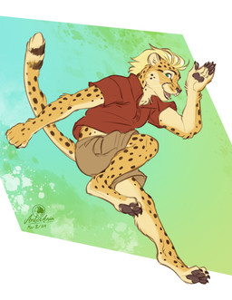 anthro blonde_hair bottomwear claws clothing finger_claws fur green_eyes hair jumping looking_at_viewer male pawpads paws shirt shorts solo spots tail tan_body tan_fur toe_claws topwear whisker_spots whiskers amber-aria tivadu cheetah felid feline mammal 2024 dated digital_media_(artwork) signature